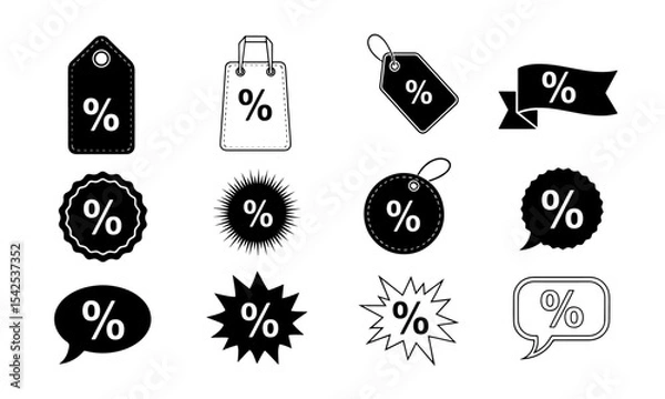 Fototapeta Black and White Percentage Signs: Discount, Sale, and Promotion Icons. A versatile set of black and white percentage icons for sales, discounts, and promotions.