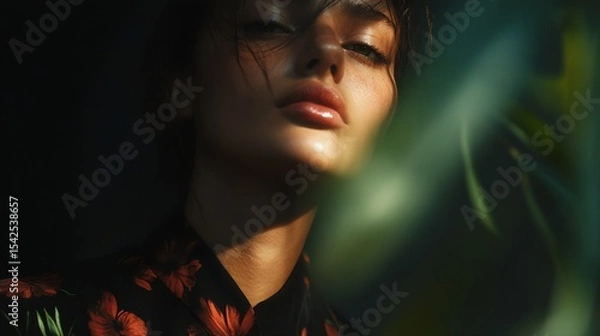 Obraz A woman with a red flower print dress is standing in front of a green plant