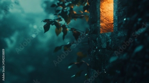 Obraz A tree with leaves and a window with a light shining through it
