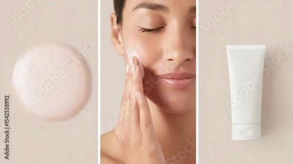 Obraz A woman is applying makeup to her face