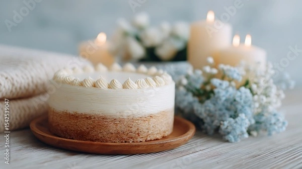Obraz A cake with a white frosting and a blue flower on top of it