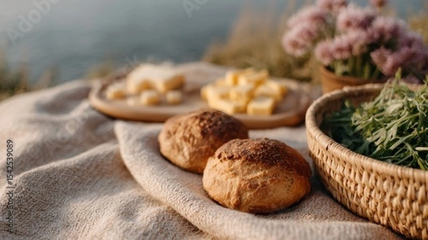 Obraz A basket of greens sits next to a plate of bread and butter