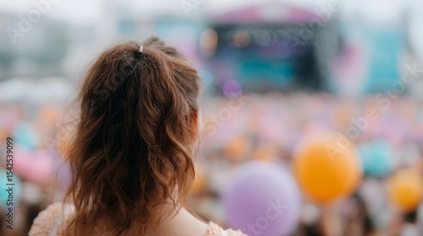 Obraz A woman with a ponytail stands in front of a crowd of people