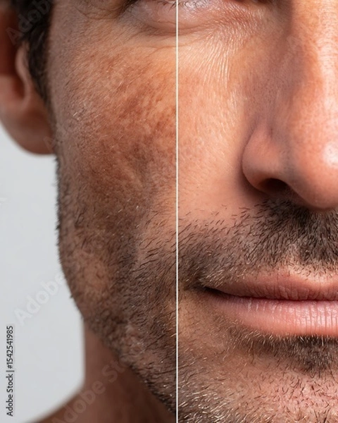 Fototapeta extreme close-up of male cheek, before and after skincare, visible large pores vs refined skin