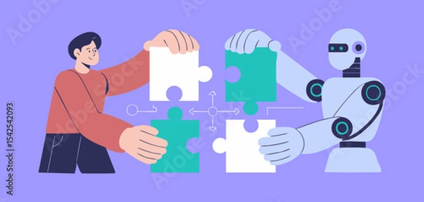 Fototapeta human engineer and ai robot collaborating on puzzle, vector illustration for human-ai collaboration, technology augmentation, symbiotic teamwork and future problem solving
