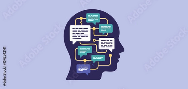 Fototapeta human head silhouette with interconnected speech bubbles, vector illustration for natural language processing, text analysis and ai communication understanding

