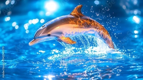 Obraz Fiery dolphin leaping ocean; aquatic show backdrop