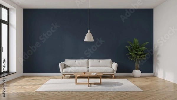 Obraz Minimal Living Room with Navy Blue Accent Wall and Light Gray Modern Sofa