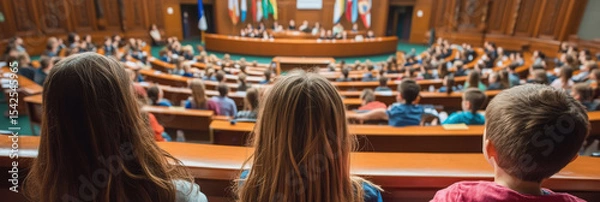 Fototapeta A back view of children seated in a large, parliament-style hall, looking towards a stage with international flags, representing youth participation in global forums