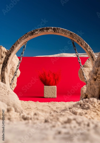 Obraz Red powder explosion from cube in desert and stone archway – geometric scene-setting installation art concept with surreal tension and abstract symbolic framing