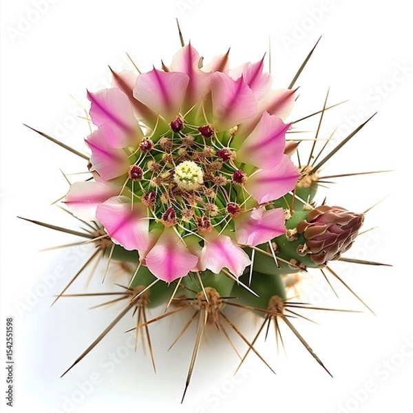 Obraz Topdown view of Flowering Cactus with Pink Petals and Spines on White Background
