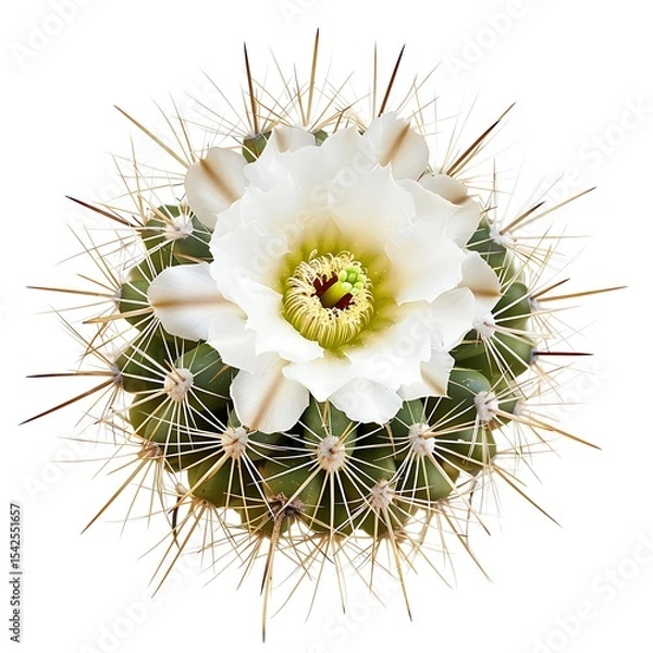 Obraz Cactus with White Flower and Spines on White Background Detailed Macro Plant