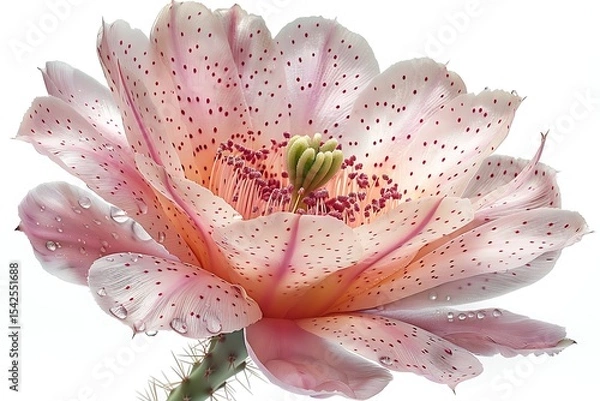 Obraz Exotic Light Pink Flower with Red Speckles and Water Droplets on White Background