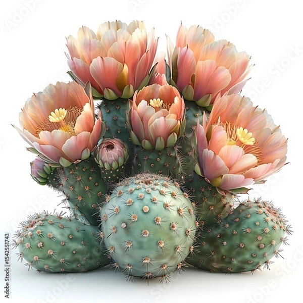 Obraz Detailed Prickly Pear Cactus Cluster with Pastel Peach Flowers on White Background
