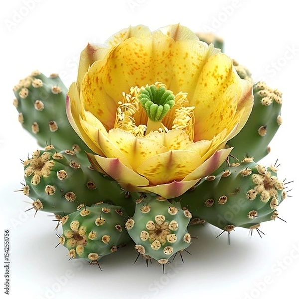 Obraz Prickly Pear Cactus Pad with Vibrant Yellow Flower Blossoming on a White Background