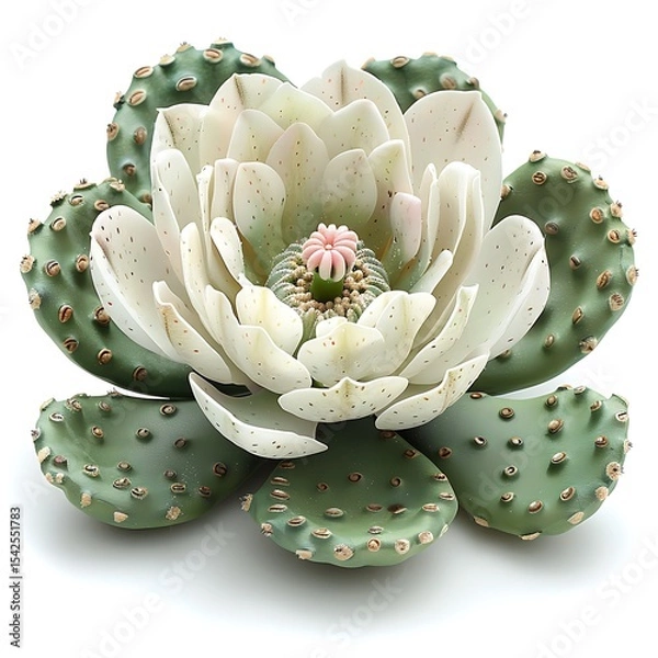 Obraz Exotic Cactus Flower with Pale Petals, Pink Center and Pale Green Pads Isolated on White