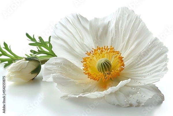 Obraz Elegant White Poppy Flower with Dewdrops on Petals on White Background Closeup