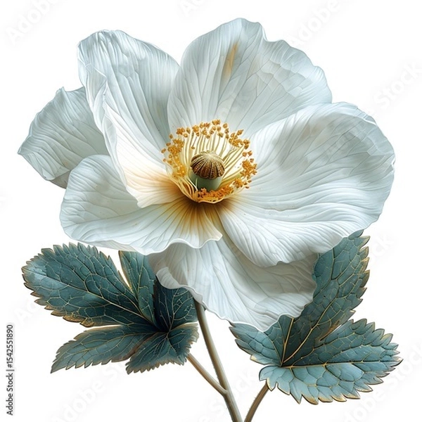 Obraz Isolated White Poppy Flower with Detailed Leaves on White Background, Botanical Art