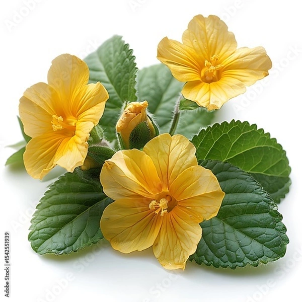 Obraz Yellow Hibiscus Flowers with Bud and Green Leaves on White Background Still Life