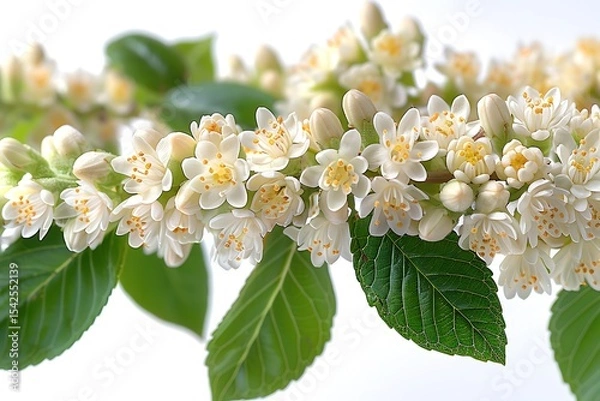 Obraz Delicate White Flowers & Green Leaves Cluster Against White Background, Close Up Bloom