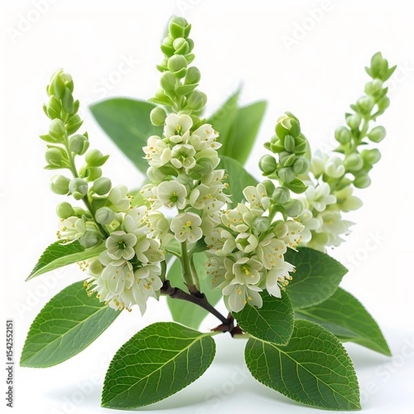 Obraz Closeup Branch of White Flowers with Green Leaves on a White Background