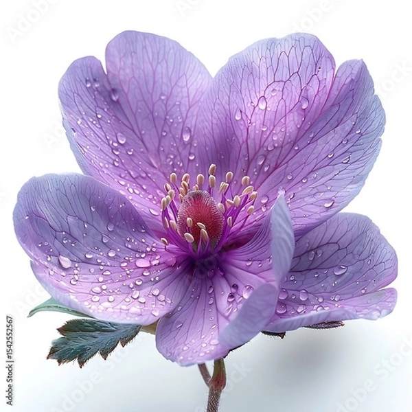 Obraz CloseUp Purple Flower with Water Droplets on Petals on a White Background