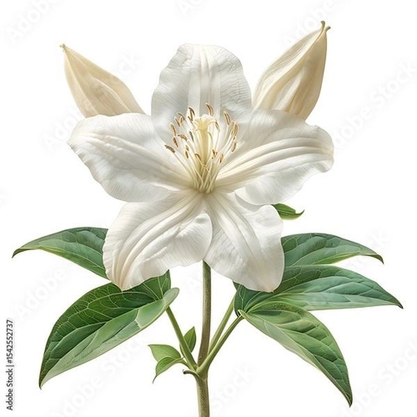 Obraz Isolated Elegant White Blossom with Detailed Green Leaves and Transparent Background