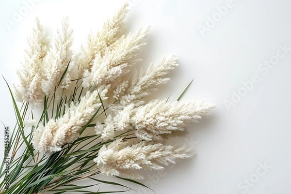 Obraz Elegant White Pampas Grass Plumes with Green Leaves on White Background, Soft Lighting