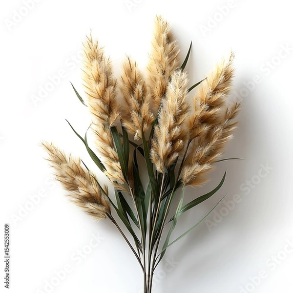 Obraz Pampas Grass Plumes with Green Stems Bouquet on White Background, Minimalist Style