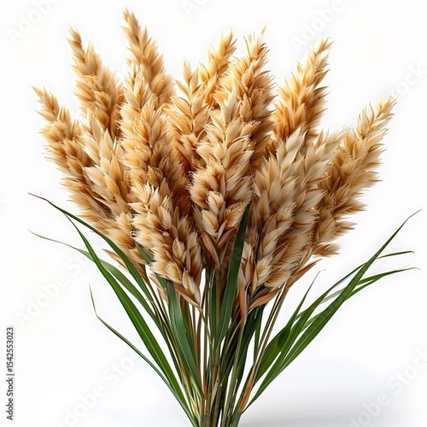 Obraz Beige Wheat Stalks with Lush Green Leaves Isolated on a Clean White Backdrop