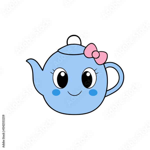 Obraz Kawaii Vector of a Smiling Blue Teapot with a Bow