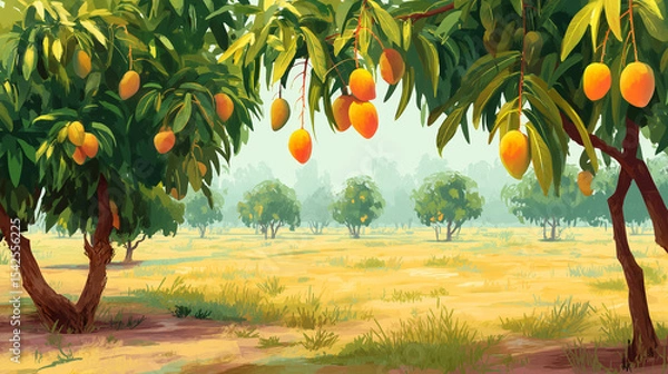 Fototapeta mango orchard, rows of mango trees with ripe orange-yellow fruits hanging from branches, thick green leaves shade the ground, ai generated images.