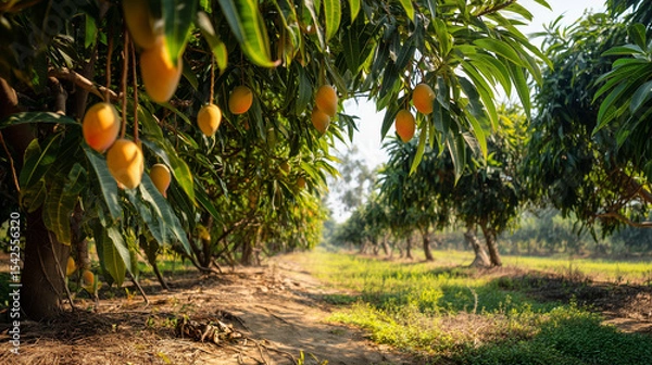 Fototapeta mango orchard, rows of mango trees with ripe orange-yellow fruits hanging from branches, thick green leaves covering the ground, ai generated images.