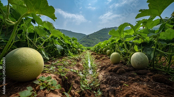 Fototapeta melon garden, rows of melon plants with large round fruits tucked between lush green leaves, the soil looks fertile with small irrigation in between, ai generated images.