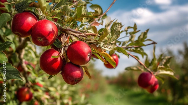 Fototapeta red apple orchard, apple trees bearing bright red fruits, with branches full of ripe apples ready to be picked, ai generated images.