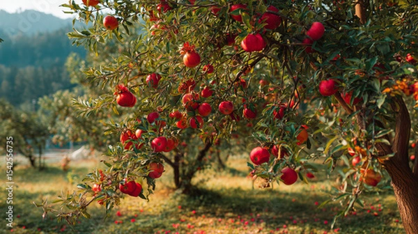 Fototapeta red apple orchard, big apple tree with bright red fruits sparkling in the sunlight, small flowers blooming on the ground, green forest and distant hills in the background, ai generated images.