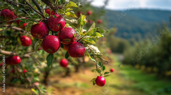 Fototapeta red apple orchard, big apple tree with bright red fruits sparkling in the sunlight, small flowers blooming on the ground, green forest and distant hills in the background, ai generated images.