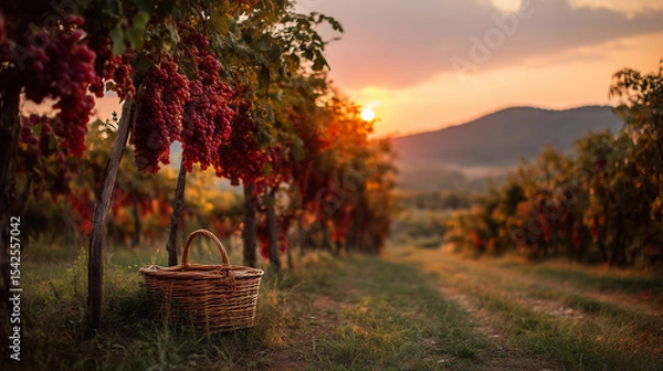 Fototapeta red vineyard, neat rows of red grape plants with ripe grapes hanging down, there is a basket full of freshly picked grapes under one of the plants, ai generated images.