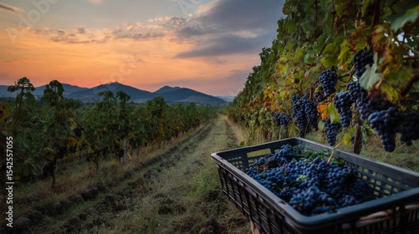 Fototapeta vineyard, rows of vines neatly lined up with ripe grapes hanging, there is a basket full of freshly picked grapes under one of the plants, ai generated images.