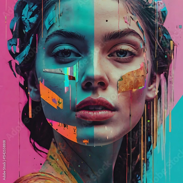 Fototapeta Imaginative collage of classic artworks reimagined with modern digital tools, neon overlays, and glitch effects.