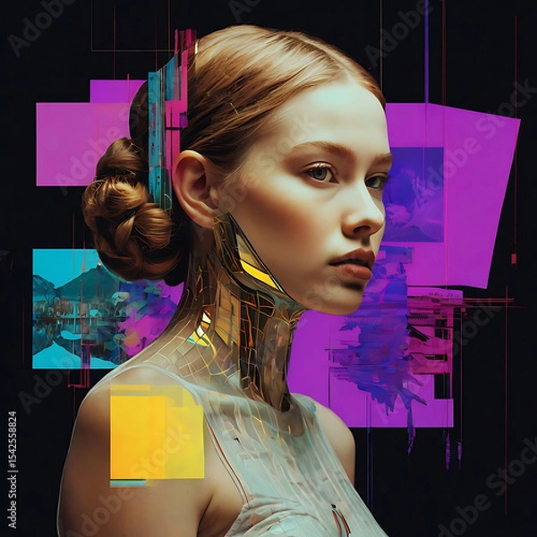 Fototapeta Imaginative collage of classic artworks reimagined with modern digital tools, neon overlays, and glitch effects.