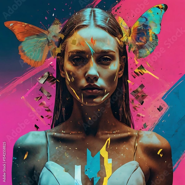 Fototapeta Imaginative collage of classic artworks reimagined with modern digital tools, neon overlays, and glitch effects.