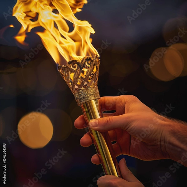 Fototapeta A dramatic close-up of an athlete's hand reaching for the Olympic flame, held in an ornate torch at night, symbolizing honor, hope, and the spirit of competition