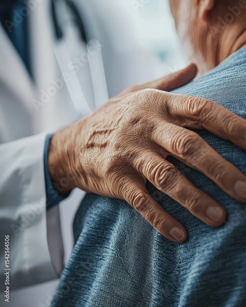 Fototapeta A poignant close-up of a senior patient's hand resting gently on a doctor's shoulder, conveying a moment of compassion, trust, and reassurance in a healthcare setting
