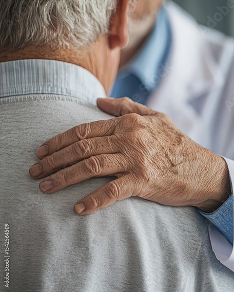 Fototapeta A poignant close-up of a senior patient's hand resting gently on a doctor's shoulder, conveying a moment of compassion, trust, and reassurance in a healthcare setting