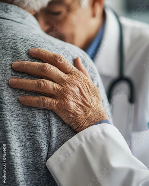 Fototapeta A poignant close-up of a senior patient's hand resting gently on a doctor's shoulder, conveying a moment of compassion, trust, and reassurance in a healthcare setting