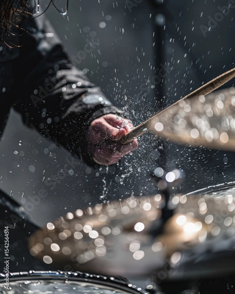 Fototapeta An energetic, dramatic action shot of a drummer with long, wet hair hitting a cymbal, causing a spectacular splash of water during a live concert performance