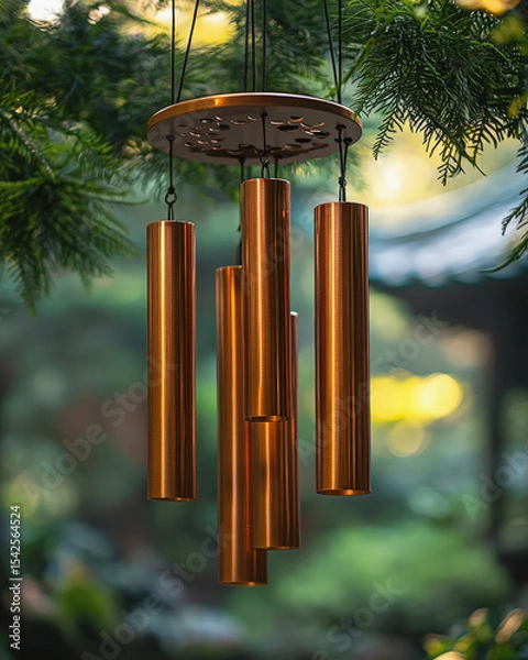 Fototapeta A close-up of beautiful copper wind chimes hanging peacefully in a serene garden, with a soft, blurry background and gentle light, evoking tranquility and harmony