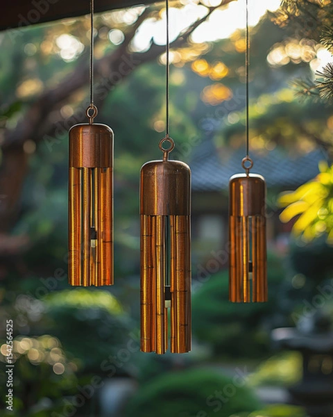 Fototapeta A close-up of beautiful copper wind chimes hanging peacefully in a serene garden, with a soft, blurry background and gentle light, evoking tranquility and harmony