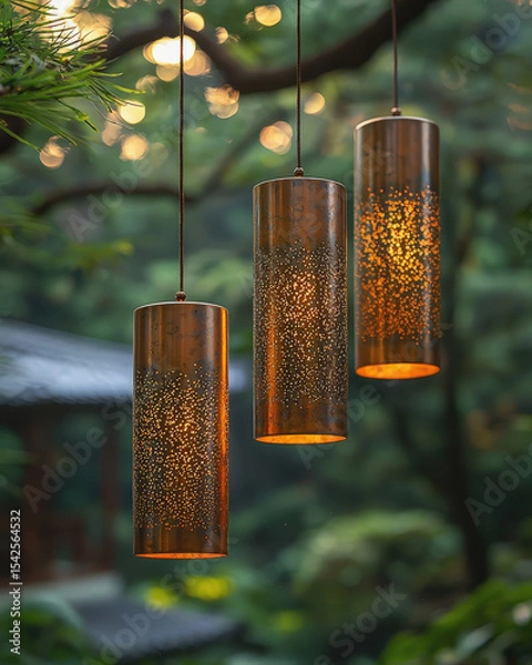 Fototapeta A close-up of beautiful copper wind chimes hanging peacefully in a serene garden, with a soft, blurry background and gentle light, evoking tranquility and harmony